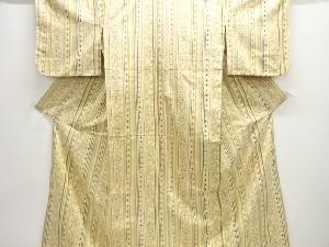 アンティーク　縞に抽象模様織出し手織り紬単衣着物